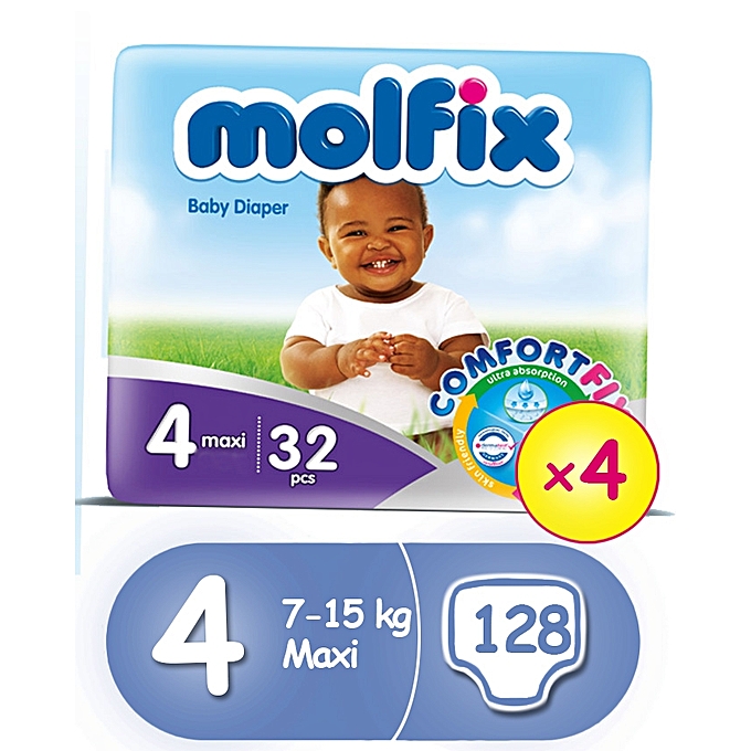 Molfix ComfortFix Diapers, Size 4 (x 4) (Total 128 Count)